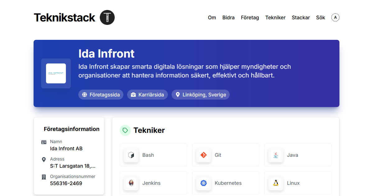 In Front Programs Technology stack at Ida Infront - teknikstack.se