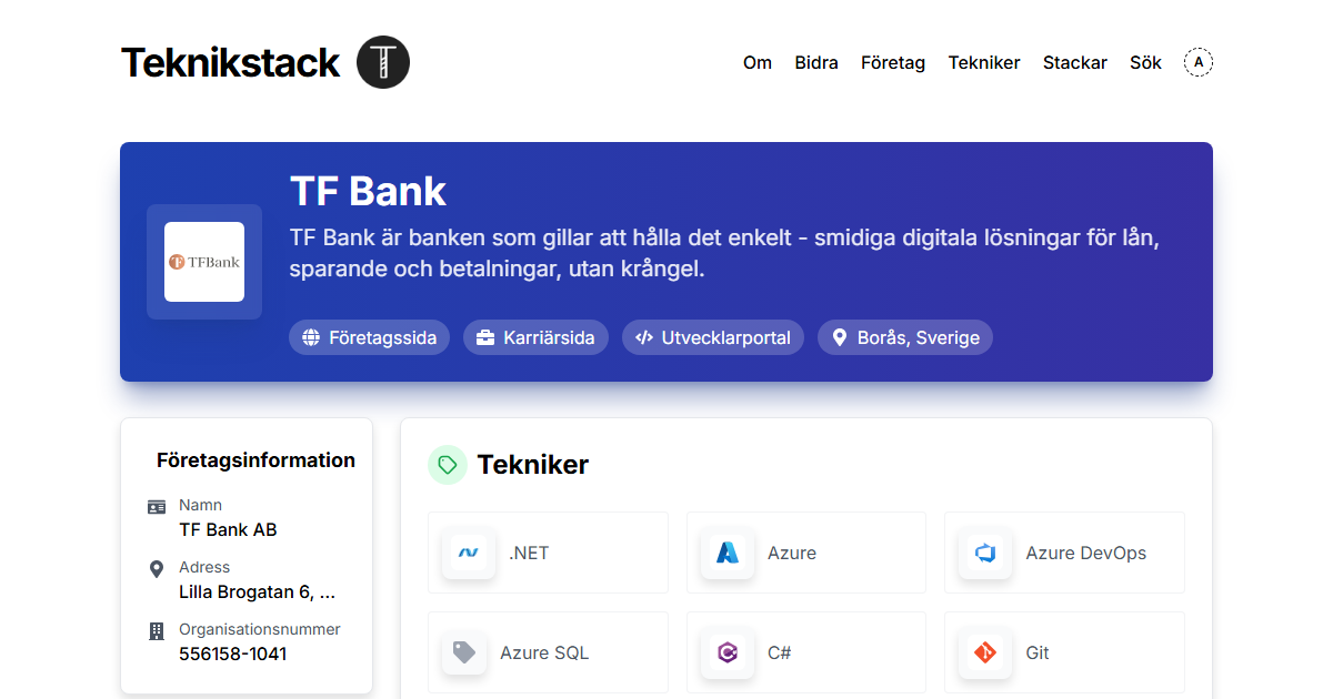 Teknikstack hos TF Bank - teknikstack.se